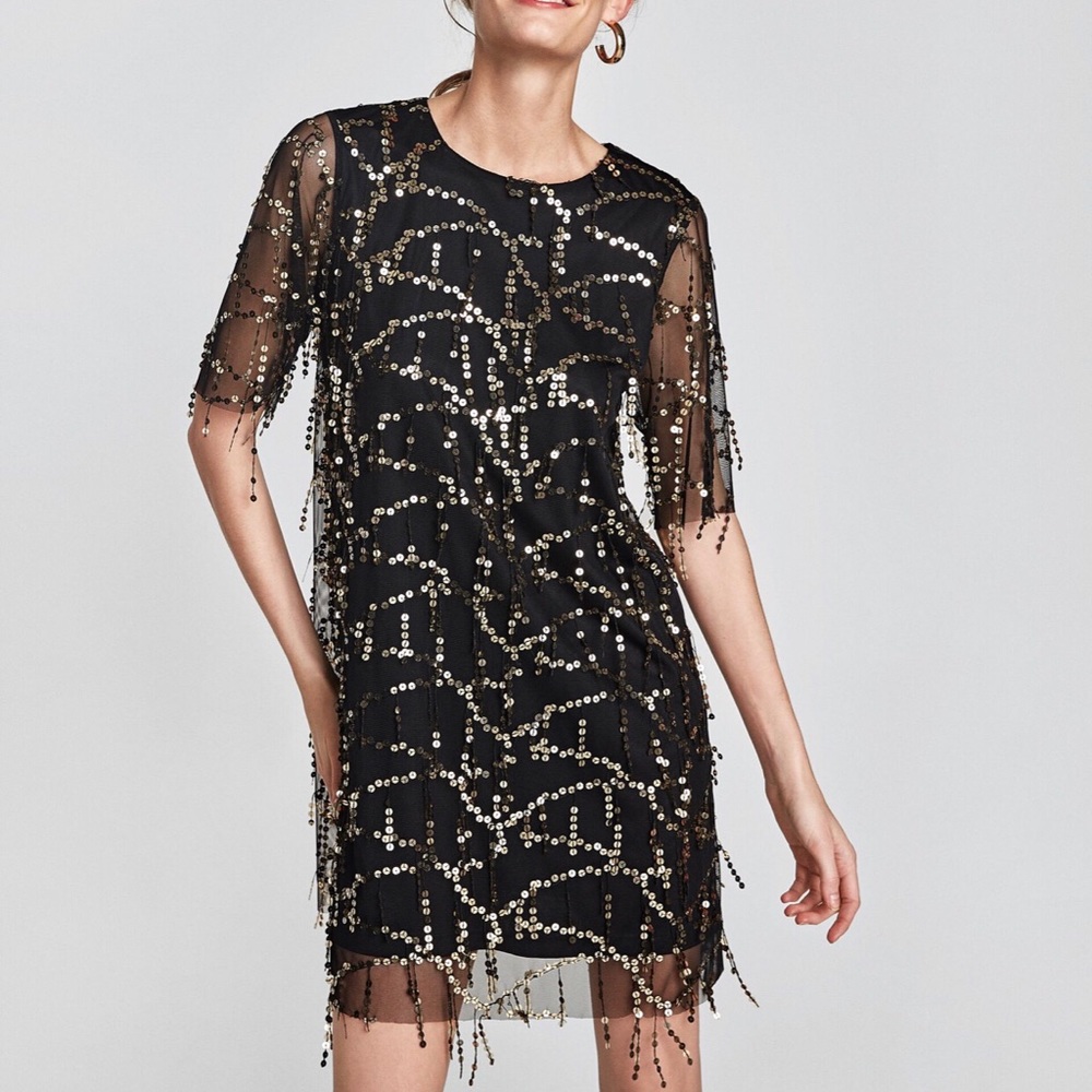 NWT Zara tassel sequin black dress size small